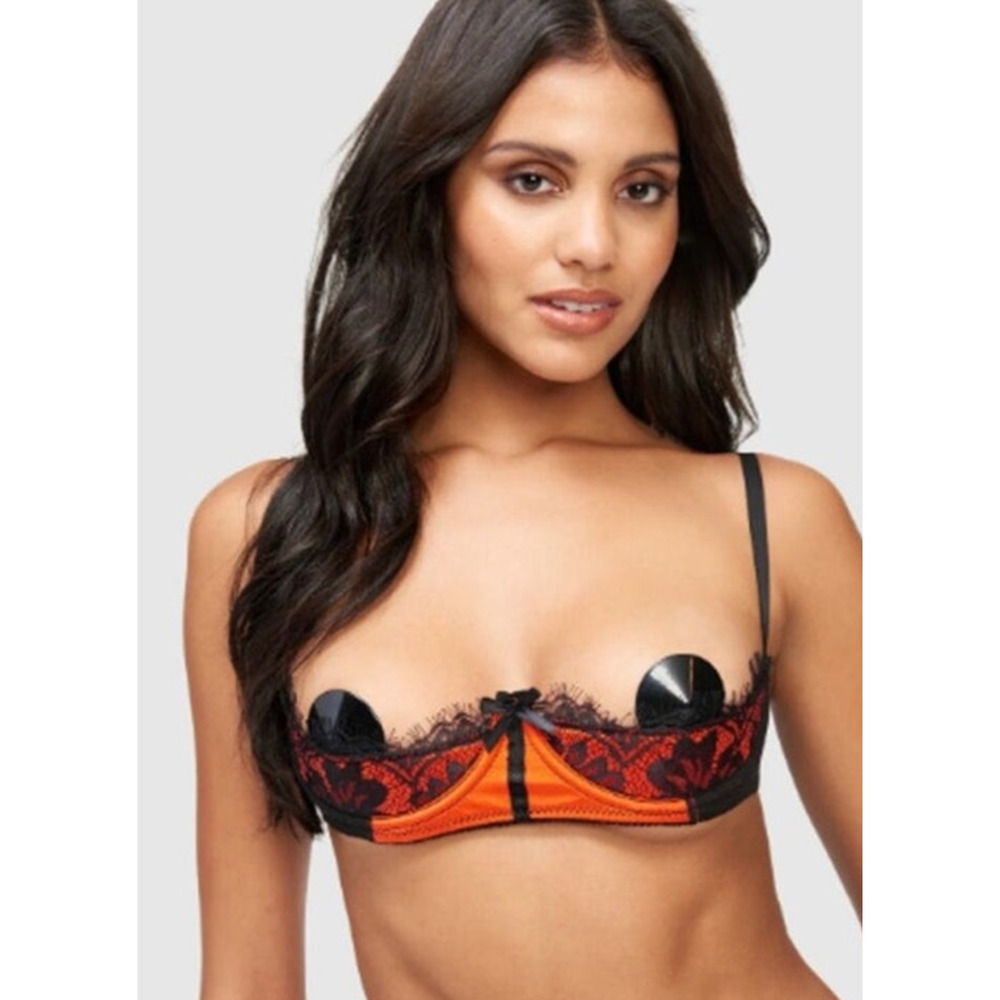 Frederick's of Hollywood Black and Orange Satin Lace Open Cup Underwire Bra - 10